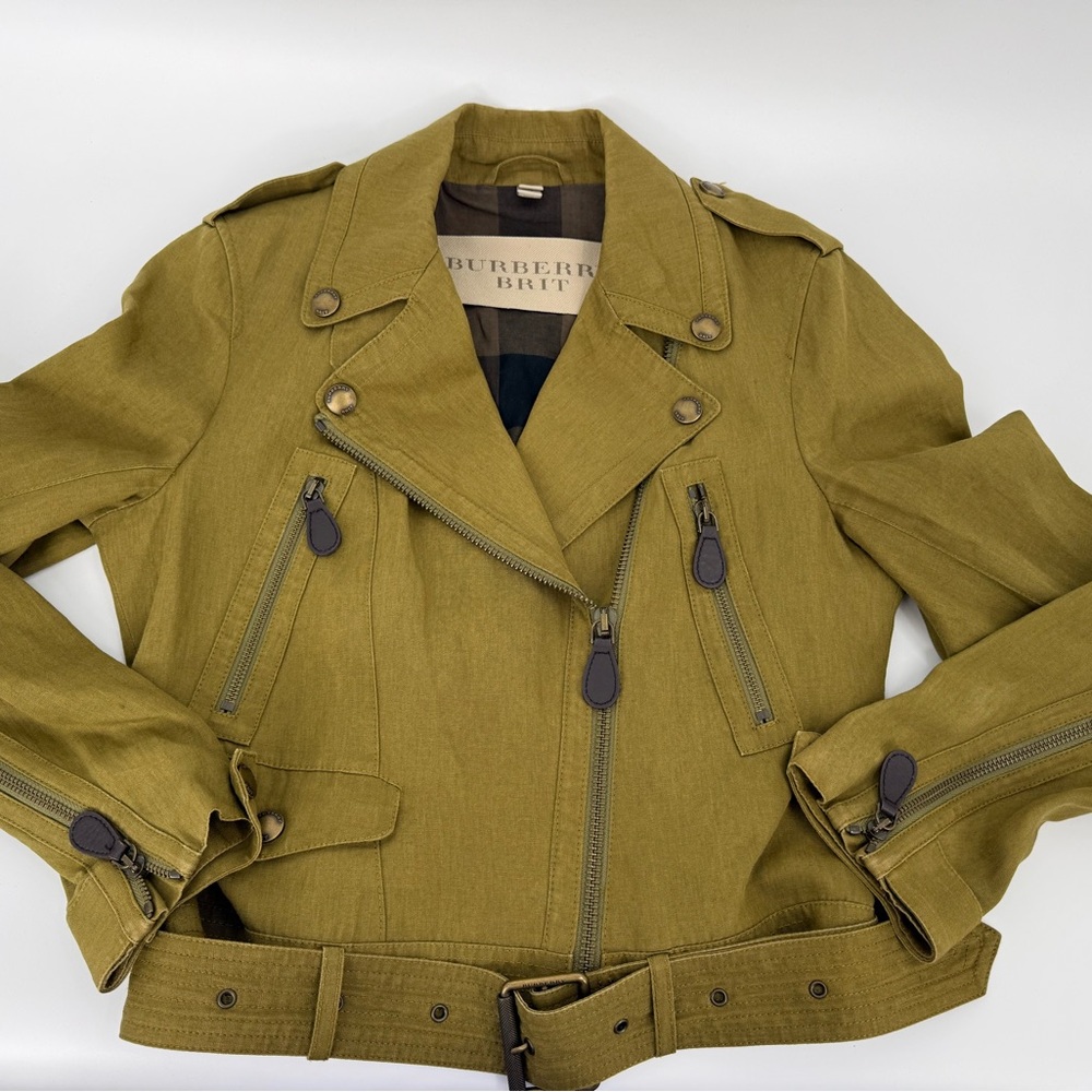 Burberry Brit Olive Green Linen Moto Biker Leather Jacket Size US6 MSRP $1250